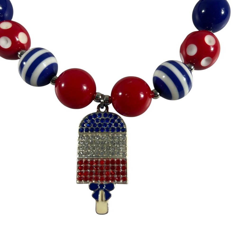 Patriotic Popsicle Beaded Rhinestones Necklace Fourth of July Chunky Colorful - Picture 3 of 7